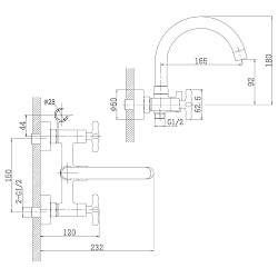 Смеситель для ванны с поворотным верхним изливом, двуручковый, поворотный переключатель, 3-х режимна
