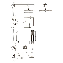 Встраиваемый смеситель с верхним душем 30х20 см, длина излива 18 см, латунь/хром