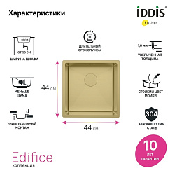 Мойка, нерж.сталь, универсального монтажа, матовое золото, 440*440, Edifice, IDDIS, EDI44B0i77