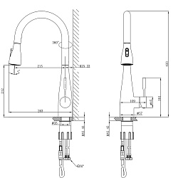 Смеситель для кухни с вытяжным изливом, 2-х режимный аэратор, высота излива 21 см, длина 22 см, нерж