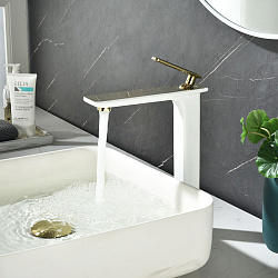 Смеситель для раковины, высокий, монолитный, высота излива 24,5 см, длина 16 см, с донным клапаном,