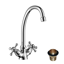 Смеситель для кухни с поворотным изливом, двуручковый, высота излива 20 см, длина 16см, латунь/хром