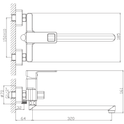 Смеситель для ванны, длинный излив, латунь, черный HB22615-7