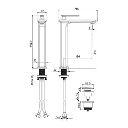 Смеситель для раковины, высокий, монолитный, высота излива 24,5 см, длина 16 см, с донным клапаном,