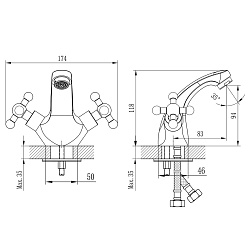 Смеситель для раковины, монолитный, двуручковый, высота излива 9 см, длина 8 см, латунь/хром, G02-61