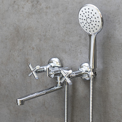 Смеситель для ванны с плоским изливом 20 см, двуручковый, поворотный переключатель, латунь/хром