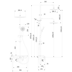 Душевая система с верхним душем с поворотным изливом, верхняя лейка Ø24 см, регулируемая высота 1,3~