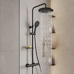 Смеситель термостатический для душа со стойкой и тропической лейкой, черный матовый, Ideal Spa, Mila