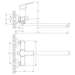 Смеситель универсальный с плоским изливом 35 см, поворотный переключатель, 5-ти режимная лейка, лату
