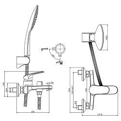 Смеситель для ванны с коротким изливом, поворотный переключатель, 3-х реж.лейка, латунь/хром,RS45-30