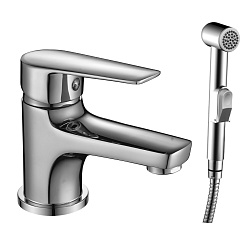 Смеситель для раковины с гигиеническим душем, монолитный, высота излива 5,5 см, длина 10 см, латунь/