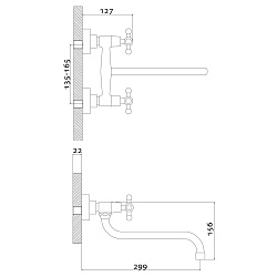 Смеситель для кухни, настенный, двуручковый, с нижним поворотным изливом 26 см, латунь/хром
