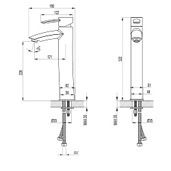 Смеситель для раковины, высокий, монолитный, высота излива 23 см, длина 12 см, латунь/хром