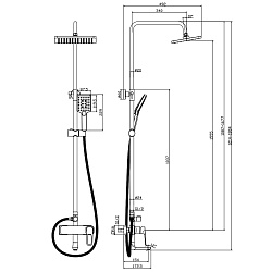 Душевая система с верхним душем 26х19 см и поворотным изливом, регулируемая высота 1~1,68м, латунь/х