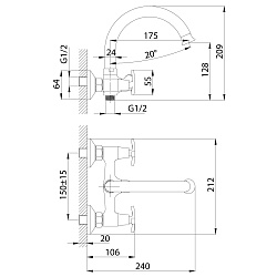 Смеситель для ванны с поворотным верхним изливом 17,5 см, двуручковый, поворотный переключатель, 3-х