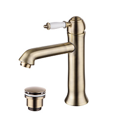 Смеситель для раковины средний, монолитный, высота излива 13 см, длина 14 см, с донным клапаном клик