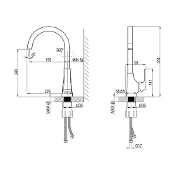 Смеситель для кухни с поворотным изливом, высота излива 24 см, длина 19 см, латунь/хром