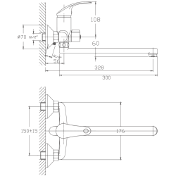 Смеситель для ванны, длинный излив, латунь, хром HB2237