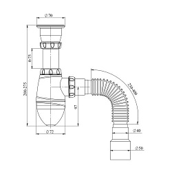 A220 CИФОН ДЛЯ ТЮЛЬПАНА, УМЫВАЛЬНИКА С ПРИКРУЧИВАЮЩИМСЯ ВЫПУСКОМ 1 1/2  И ГИБКИМ СОЕДИНЕНИЕМ д.40 х 