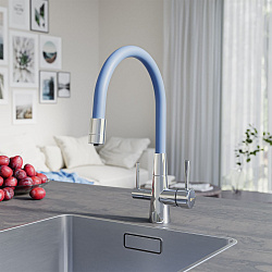 ВЫВОД COMFORT Смеситель для кухни с гибким изливом, с подкл.к фильтру пит.воды, латунь/хром/голубой