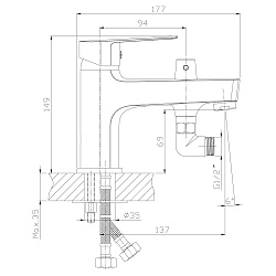 Смеситель на борт ванны с коротким монолитным изливом, 5-ти режимная лейка, высота излива 7 см, длин