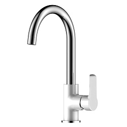 Смеситель для кухни с поворотным изливом, высота излива 23 см, длина 18 см, латунь/хром/белый