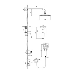 Встраиваемый смеситель с верхним душем Ø22,6 см, лейка 3 режима Ø110 мм, латунь/чёрный